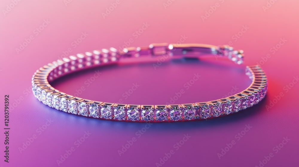 A luxury diamond bracelet displayed on a gradient purple and pink background. A luxury diamond bracelet displayed on a gradient purple and pink background.
