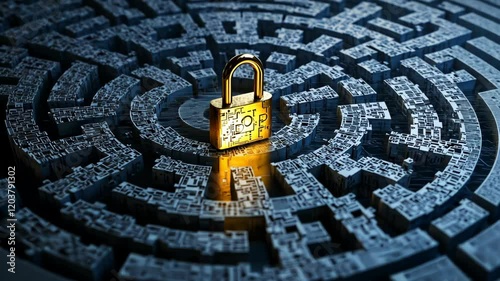 A golden padlock is placed in the center of an intricate circular maze made up entirely from binary code, symbolizing data security and cyber dystopia. 