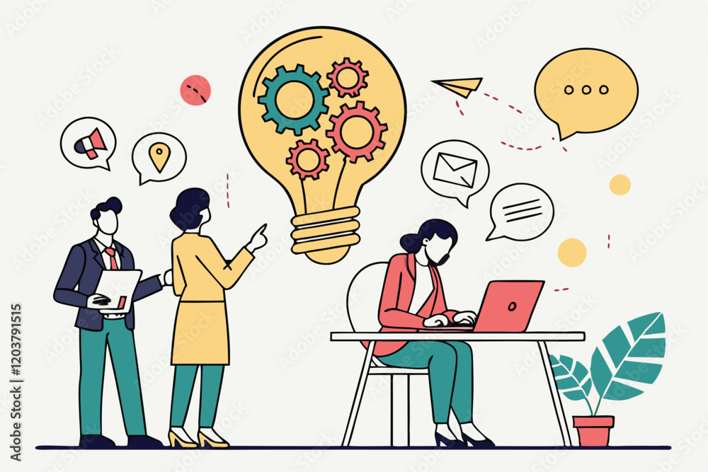 Obraz premium Business team, brainstorming, lightbulb made of speech bubbles, creative ideas, collaboration, diverse professionals, flat illustration style, vibrant colors, minimalist background, conceptual design