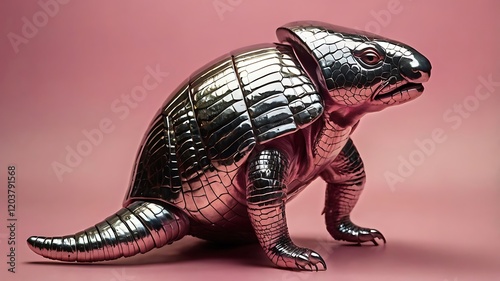 A shiny, metallic rubber armadilo, set against a pink background. The reflections on the surface of its body create an effect photo