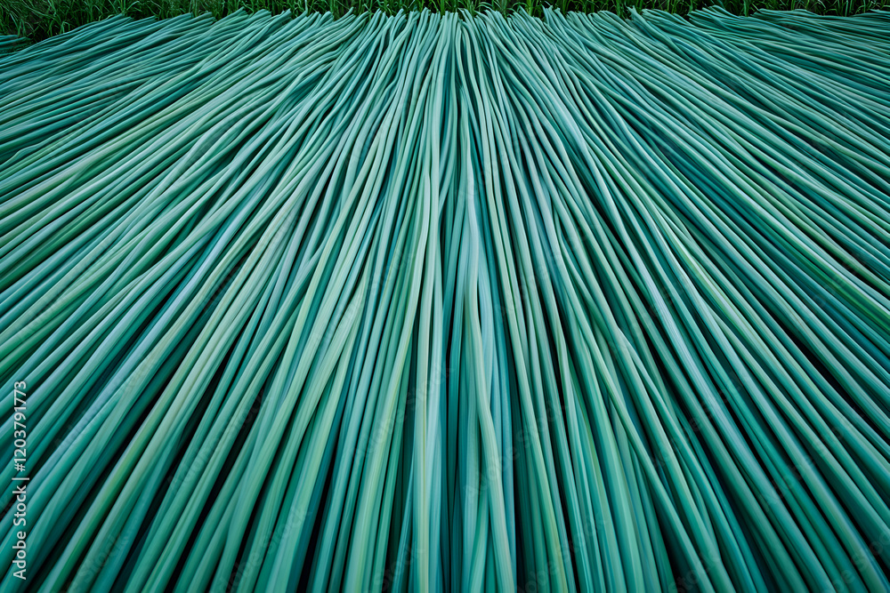 Fototapeta premium Abstract teal green textured background of many parallel lines radiating outwards, ideal for design and pattern use.