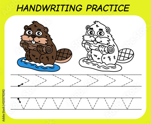 Beaver drawing handwriting practice sheet illustration