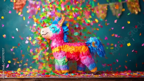 Vibrant сolorful donkey pinata jumping surrounded by bright confetti. Cinco de Mayo