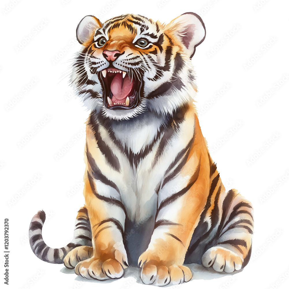 Fototapeta premium Tiger isolated on white background with stripes and wildcat features