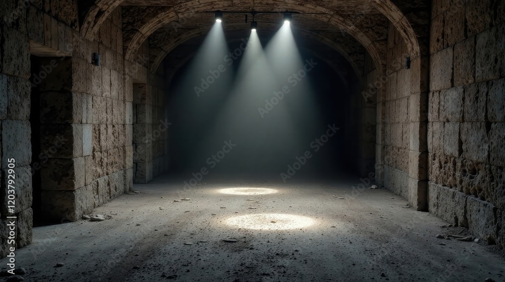 Fototapeta premium Ancient Stone Passageway Illuminated by Three Focused Lights Casting Dramatic Shadows on the Rough Ground