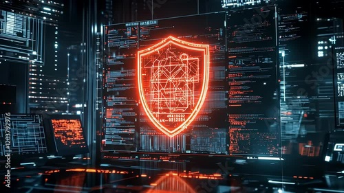 Futuristic digital security concept with glowing virtual shield in hightech interface