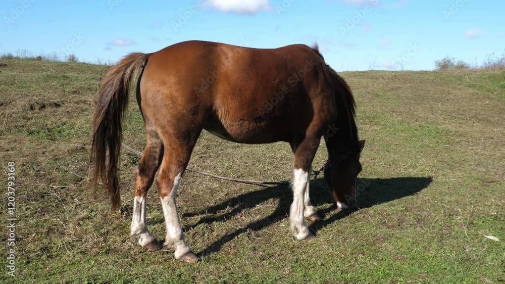 Horses graze in the field. Agriculture. Caring for horses. Horses graze in the field. Agriculture. Caring for horses.