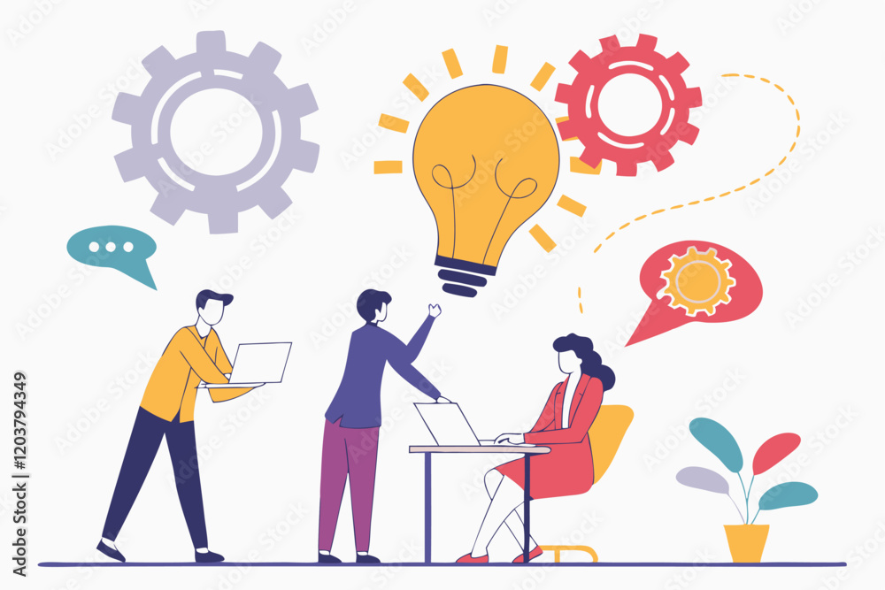 Business team, brainstorming, lightbulb made of speech bubbles, creative ideas, collaboration, diverse professionals, flat illustration style, vibrant colors, minimalist background, conceptual design Business team, brainstorming, lightbulb made of speech bubbles, creative ideas, collaboration, diverse professionals, flat illustration style, vibrant colors, minimalist background, conceptual design