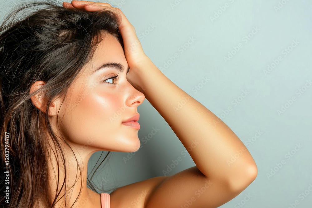 Profile Portrait of a Young Woman with Natural Beauty, Highlighting Her Radiant Skin and Elegant Features Profile Portrait of a Young Woman with Natural Beauty, Highlighting Her Radiant Skin and Elegant Features