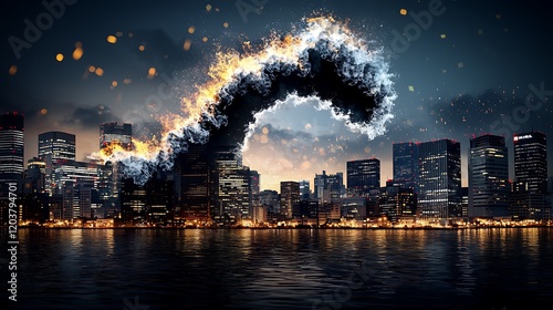 Fiery wave over cityscape at night, disaster concept, stock photo