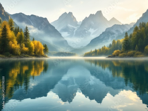Wide shot of a serene lake with mountains, forests and reflections at dawn with soft light