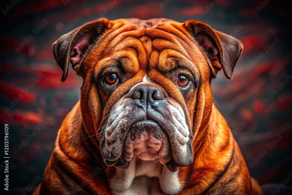 Obraz premium Macro Photography: Red Brindle English Bulldog Sitting, Close-Up Detail of Fur and Wrinkles