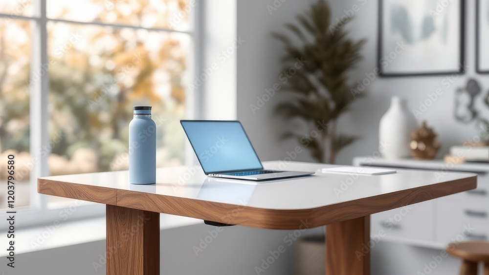 Fototapeta premium Clean Minimalist Desk with Laptop, Blue Bottle, and Blurred Window View