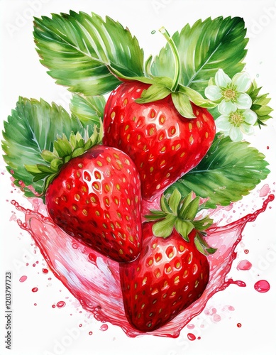 Falling juicy ripe strawberries with green leaves on a white background. Watercolor illustration for advertising juices, desserts, pastries.