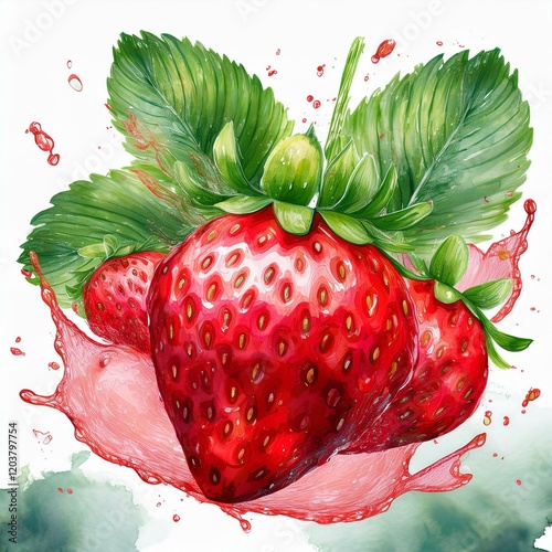 Falling juicy ripe strawberries with green leaves on a white background. Watercolor illustration for advertising juices, desserts, pastries.