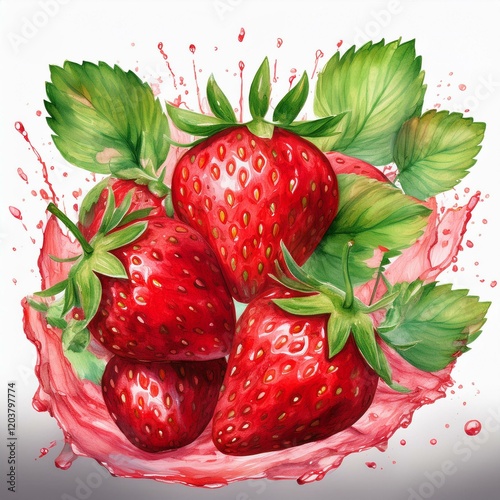 Falling juicy ripe strawberries with green leaves on a white background. Watercolor illustration for advertising juices, desserts, pastries.