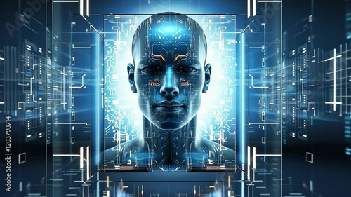 Striking video of a humanoid face, symbolizing AI, ideal for tech, innovation, and futuristic concept visuals in digital media. IT, cyberspace, computer data transfer.