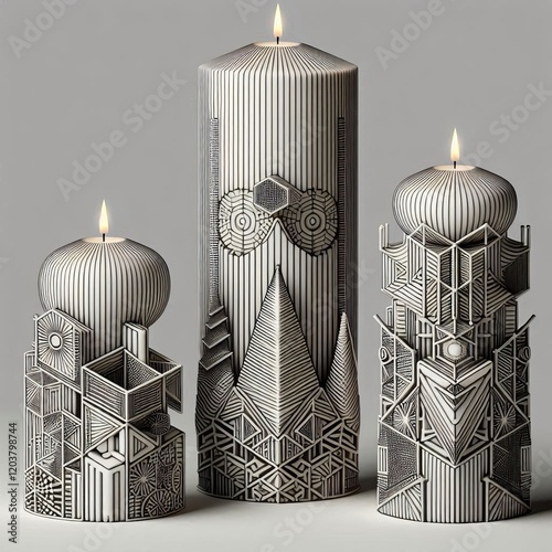 Candle shapes composed of geometric lines and patterns emphasizi photo