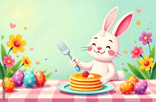 Easter Bunny with Pancakes and Easter Eggs. A cute Easter bunny enjoys pancakes with a fork, surrounded by colorful Easter eggs and flowers, in a joyful spring setting.