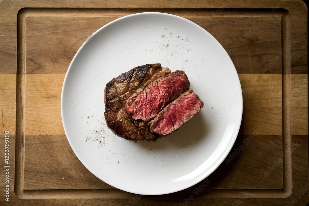 Sliced grilled steak on a white plate atop wood