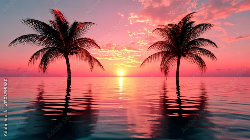 Tranquil Sunset Over Calm Ocean with Silhouetted Palm Trees Reflecting on Water Surface Tranquil Sunset Over Calm Ocean with Silhouetted Palm Trees Reflecting on Water Surface