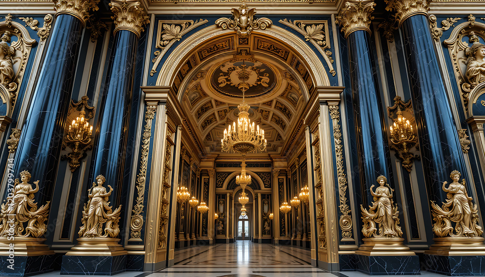 Obraz premium Grand Palace Hall Gold Statues Blue Marble Columns Chandeliers Elegant Interior