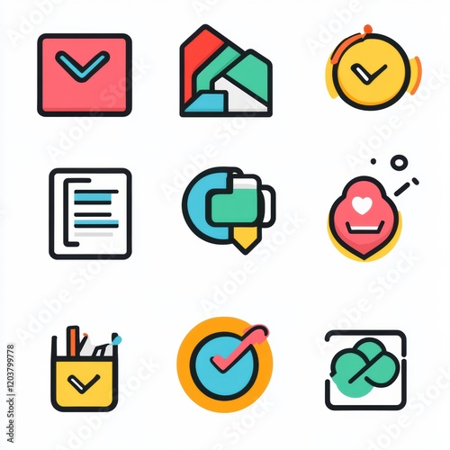 Colorful icons representing tasks, reminders, and organization in a grid layout on a light background. Generative AI