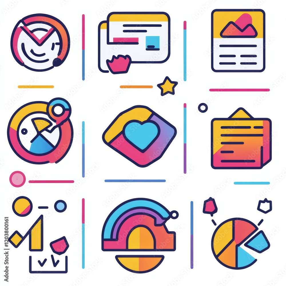 Visual collection of colorful digital icons showcasing various design elements and data representations in a modern layout. Generative AI Visual collection of colorful digital icons showcasing various design elements and data representations in a modern layout. Generative AI