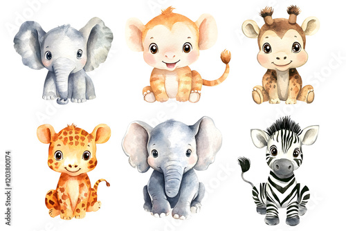 Adorable Watercolor Baby Tiger, Monkey, and Hippo Clipart
