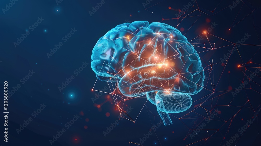Naklejka premium An image of the human brain in the form of a growing neural network with bright neon lines on a dark background. The concept of technology and neuroscience.