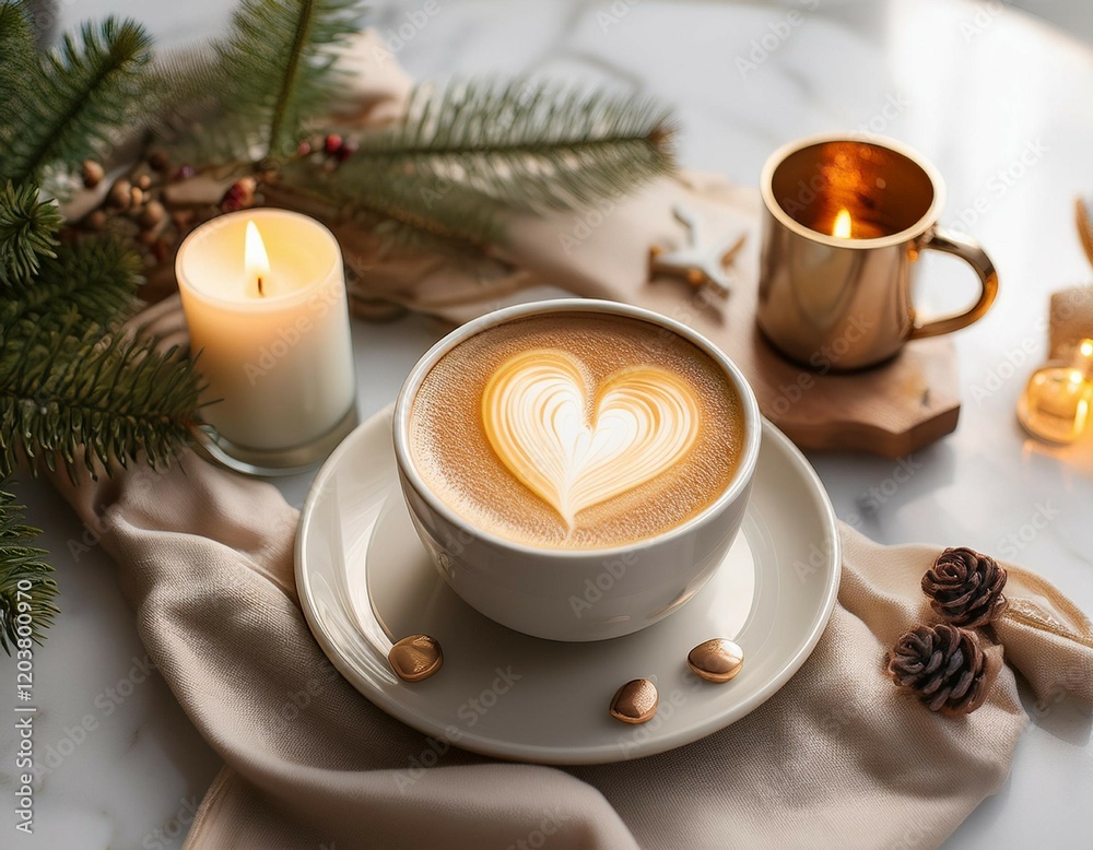 a cozy coffee scene with a heart latte art candlelight and soft winter decor on a marble table a cozy coffee scene with a heart latte art candlelight and soft winter decor on a marble table
