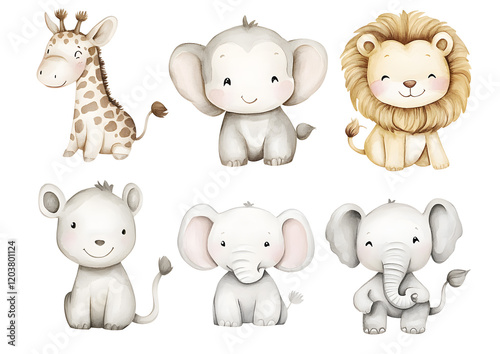 Watercolor Baby Hippos, Zebras, and Monkeys for Clipart photo