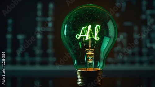 Green bulb in the center of word AI big logo and green environment

 photo