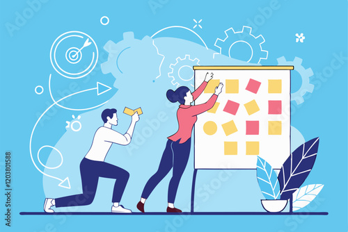 Business team collaboration, colorful sticky notes, whiteboard brainstorming, diverse professionals, flat illustration style, vibrant colors, blue background, modern office setting, creative problem-s
