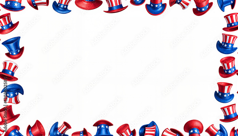 Obraz premium Festive frame decorated with red and blue top hats for a patriotic celebration, copy space