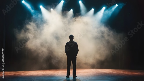 A professional actor on a theater stage delivering a dramatic monologue under a spotlight.