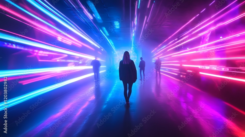 A professional photographer capturing club-goers dancing under neon lights and glowing projections. A professional photographer capturing club-goers dancing under neon lights and glowing projections.