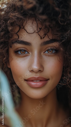Young woman with curly hair and natural makeup poses for a close-up portrait ...
