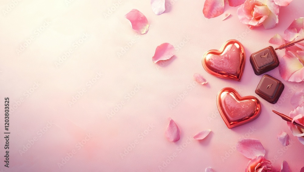 Romantic Valentine's Day Background with Rose Petals and Chocolate Hearts Romantic Valentine's Day Background with Rose Petals and Chocolate Hearts