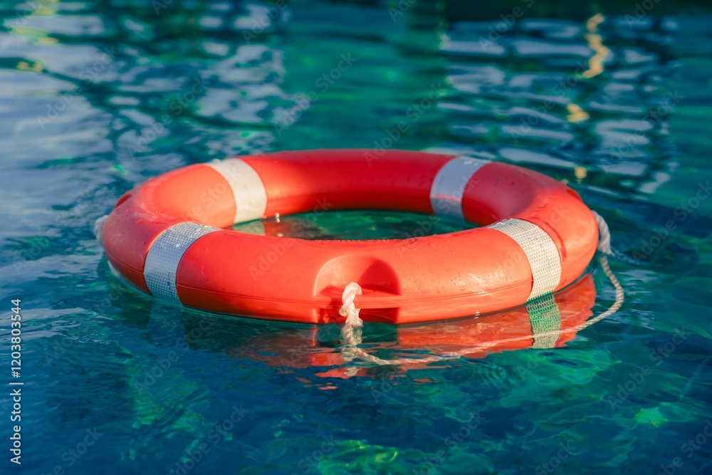 Bright red lifebuoy floating in a clear swimming pool surrounded by sunlight and reflections on the water surface