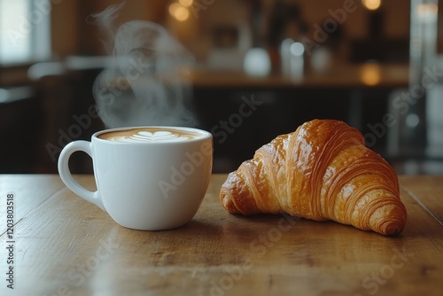 Coffee and croissant on a wooden table with morning light in a cozy setting