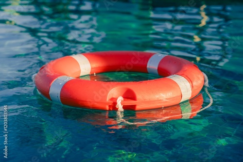 Obraz na płótnie Bright red lifebuoy floating in a clear swimming pool surrounded by sunlight and reflections on the water surface w salonie