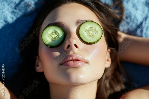 Cucumber slices placed on the face during a relaxation session at a spa treat...