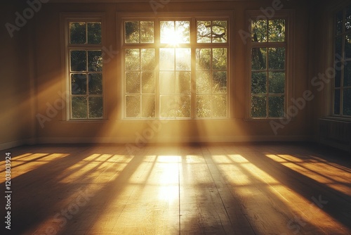 Sunlight streaming through large windows in an abandoned industrial building