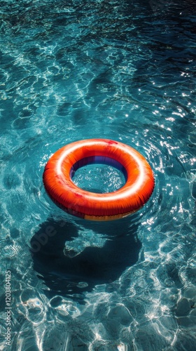 Bright inflatable ring floating in clear blue pool water on a sunny day