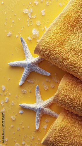 Starfish resting on bright yellow towel with bubbles in background during a s...