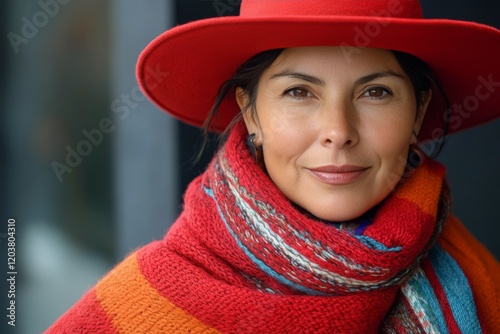 Woman in a red hat and orange scarf smiles confidently in a bustling city set...