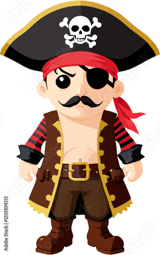 Cartoon Pirate with Skull Hat and Eye Patch Front View Vector Illustration
