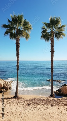 Two palm trees provide shade on a sunny beach with a clear blue sky and calm ...