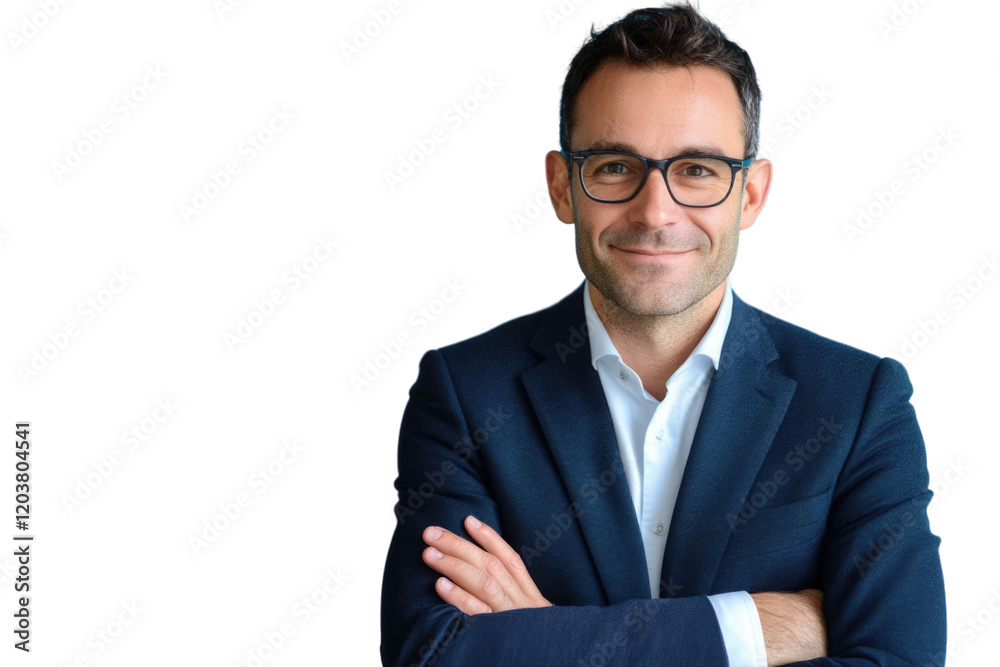 Business man in glasses and formal clothes looking at viewer with confidence and friendly smile, standing with arms crossed, isolated on blue background	